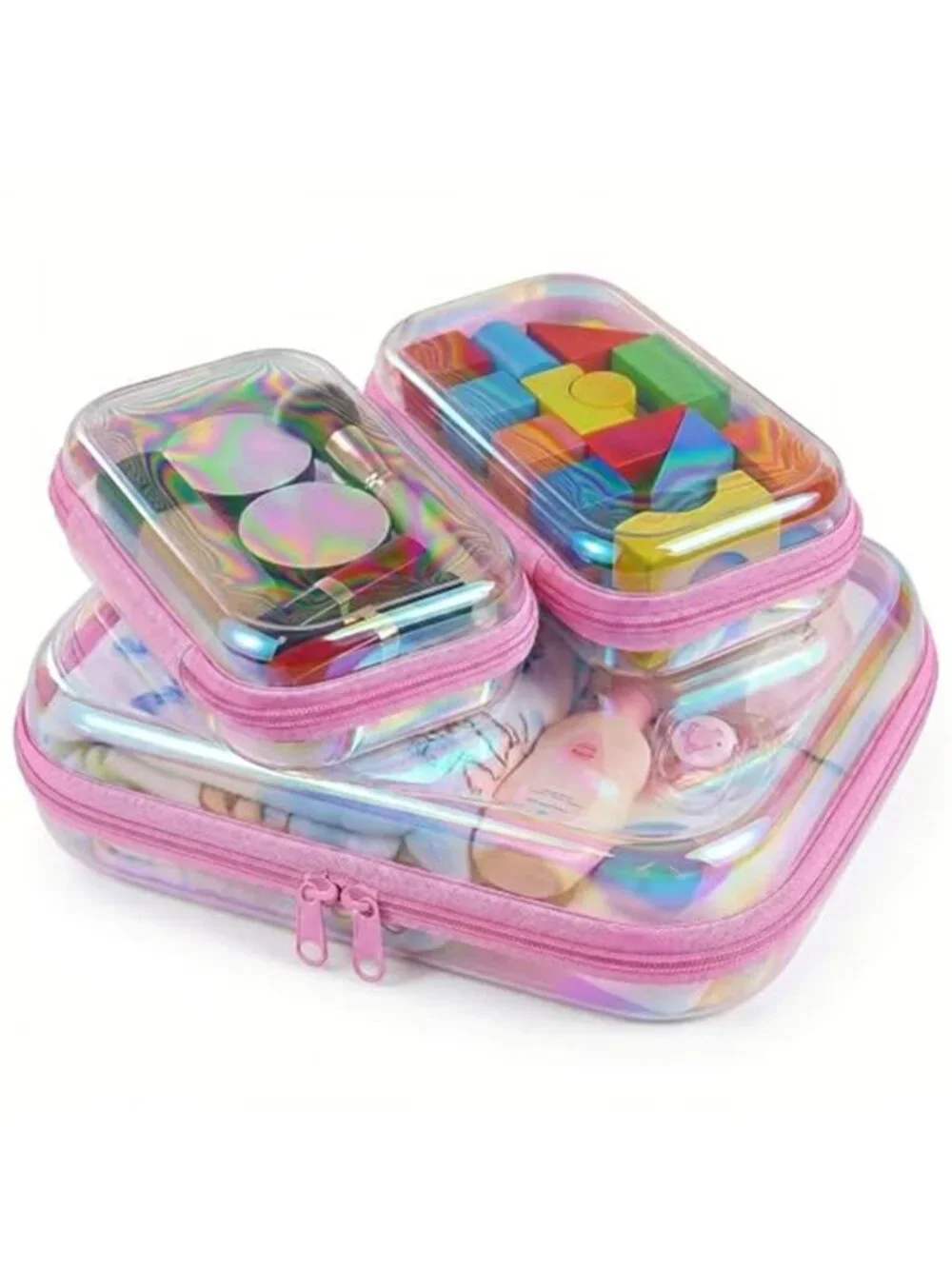 3Pcs Clear Hard Shell Zipper Case TSA Approved Toiletry Bags with Iridescent